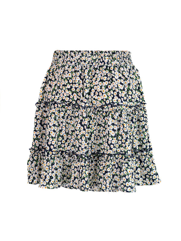 Blue Zone Planet |  Ladies High Waist Ruffled Floral Printed A-Line Skirt kakaclo