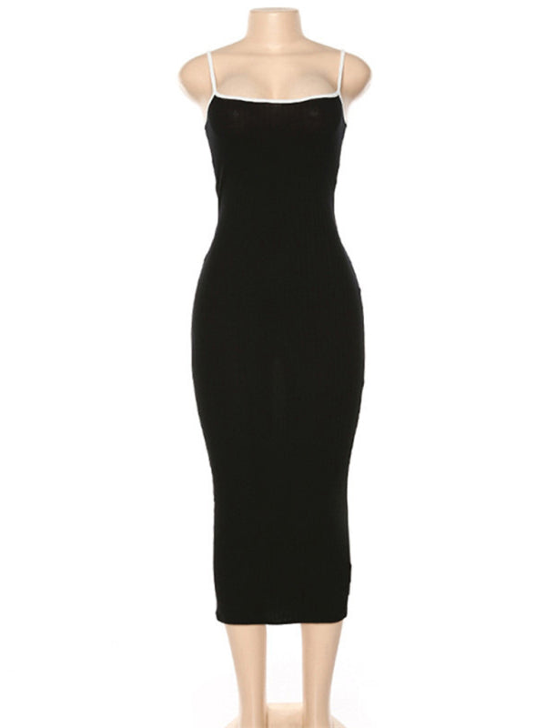 Contrasting color spaghetti strap open back slim dress kakaclo
