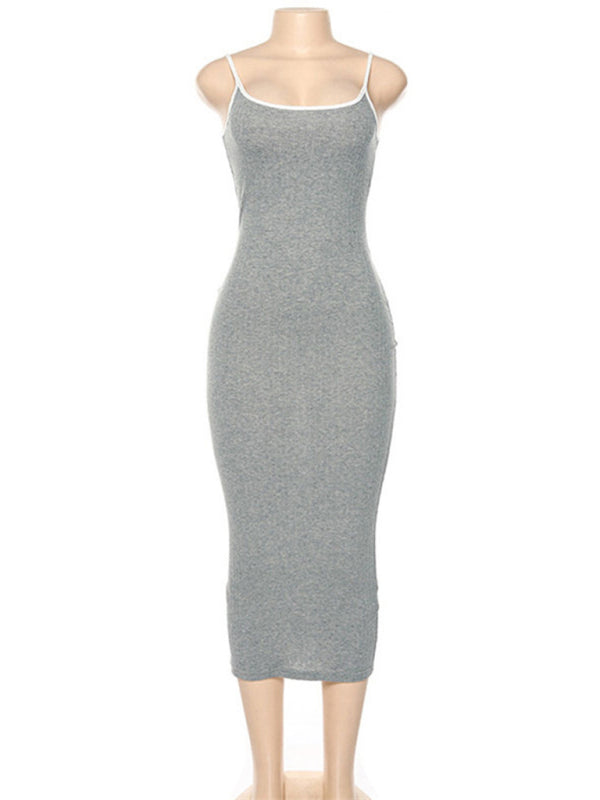 Contrasting color spaghetti strap open back slim dress kakaclo