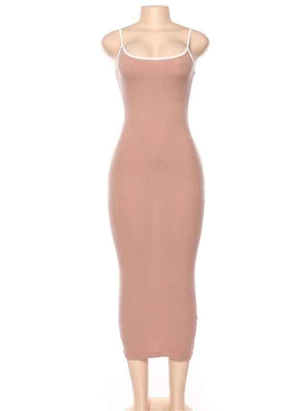 Contrasting color spaghetti strap open back slim dress kakaclo