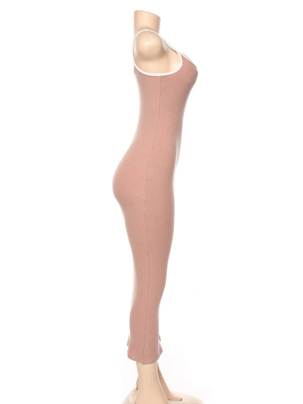 Contrasting color spaghetti strap open back slim dress kakaclo