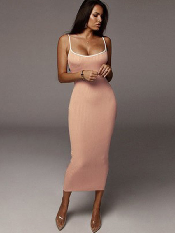 Contrasting color spaghetti strap open back slim dress kakaclo