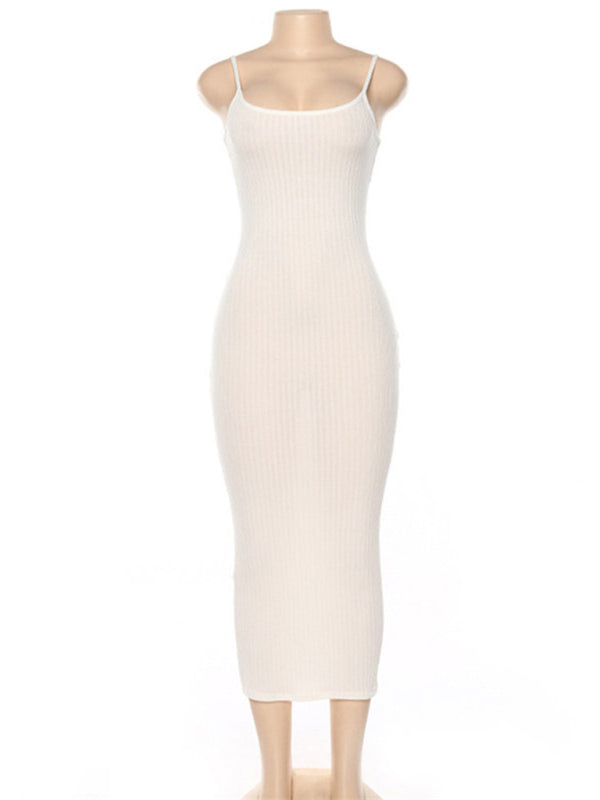Contrasting color spaghetti strap open back slim dress kakaclo
