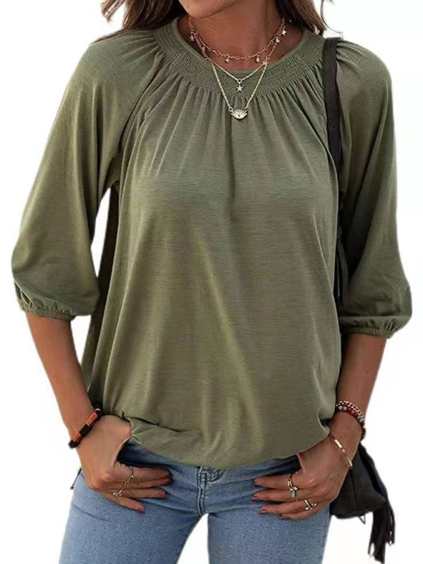 Solid Color Loose Round Neck 3/4 Sleeves Ladies T-Shirt kakaclo