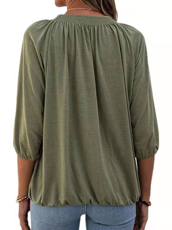 Solid Color Loose Round Neck 3/4 Sleeves Ladies T-Shirt kakaclo
