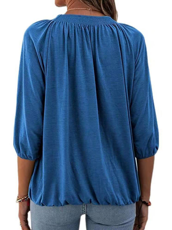 Solid Color Loose Round Neck 3/4 Sleeves Ladies T-Shirt kakaclo