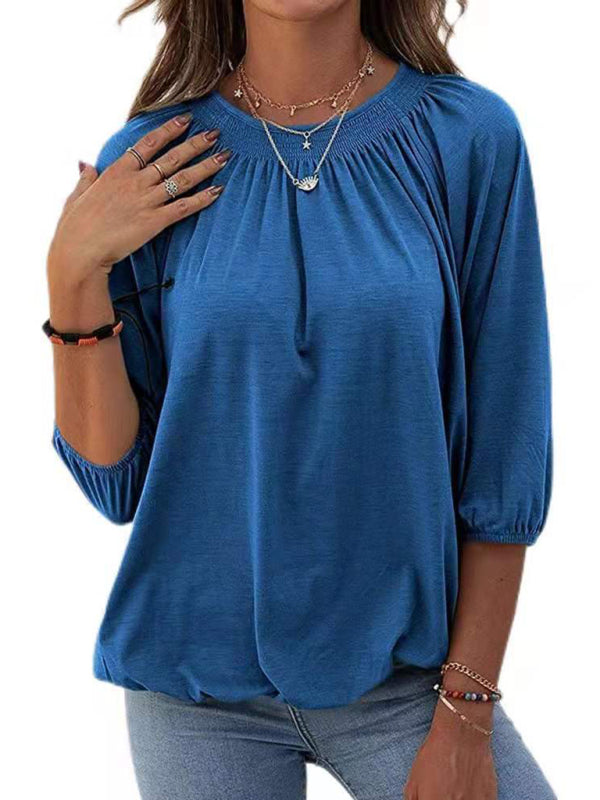 Solid Color Loose Round Neck 3/4 Sleeves Ladies T-Shirt kakaclo