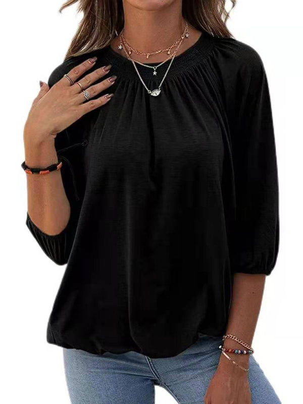 Solid Color Loose Round Neck 3/4 Sleeves Ladies T-Shirt kakaclo