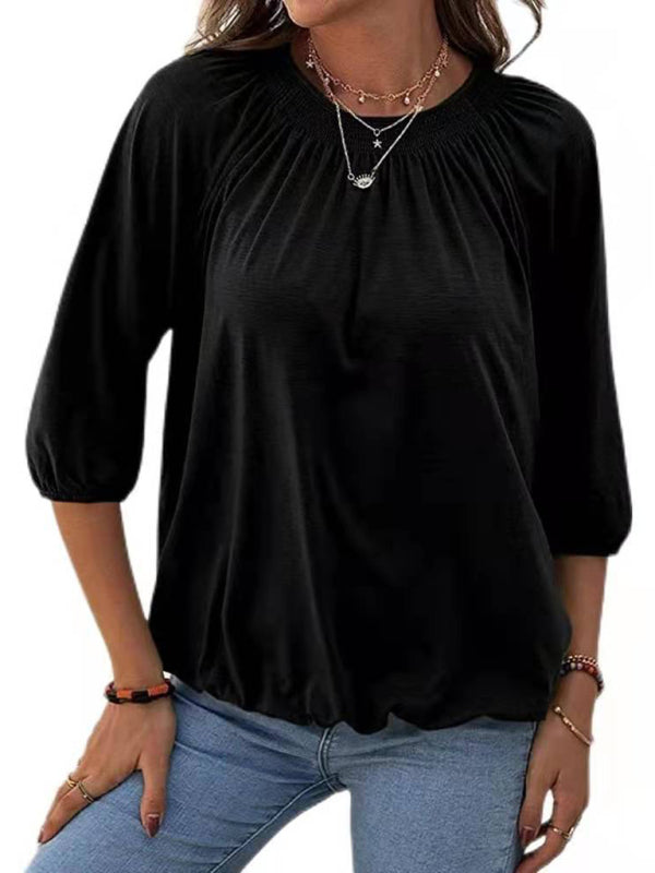 Solid Color Loose Round Neck 3/4 Sleeves Ladies T-Shirt kakaclo
