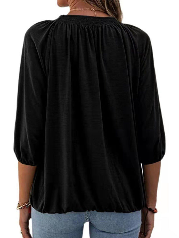 Solid Color Loose Round Neck 3/4 Sleeves Ladies T-Shirt kakaclo