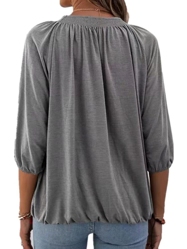Solid Color Loose Round Neck 3/4 Sleeves Ladies T-Shirt kakaclo