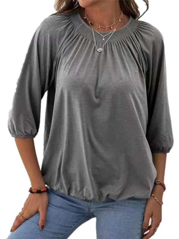 Solid Color Loose Round Neck 3/4 Sleeves Ladies T-Shirt kakaclo