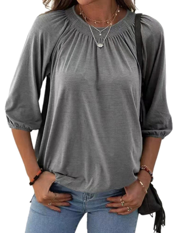 Solid Color Loose Round Neck 3/4 Sleeves Ladies T-Shirt kakaclo