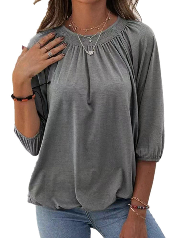 Solid Color Loose Round Neck 3/4 Sleeves Ladies T-Shirt kakaclo