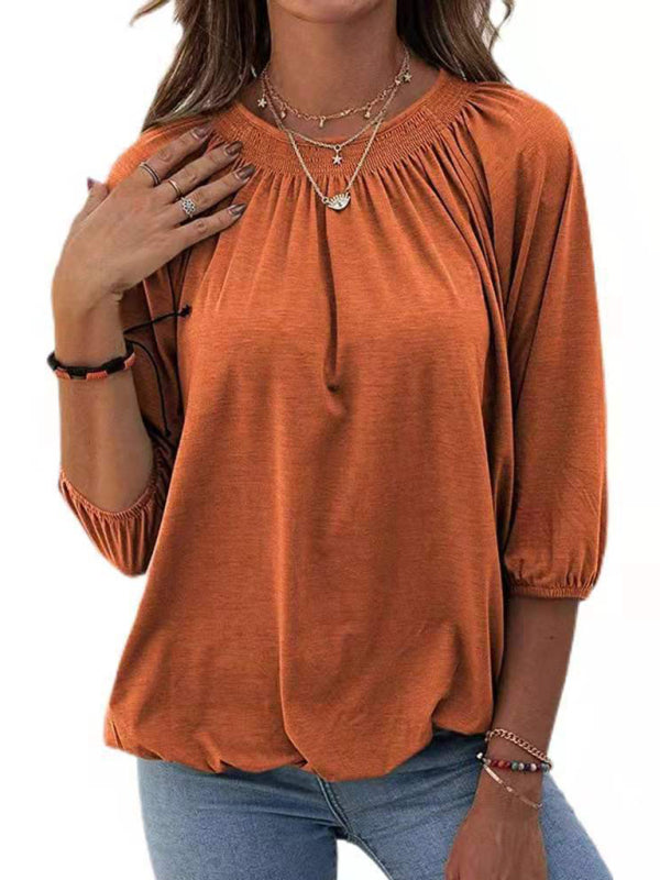 Solid Color Loose Round Neck 3/4 Sleeves Ladies T-Shirt kakaclo