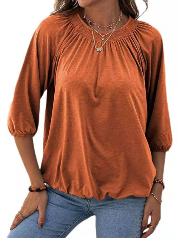 Solid Color Loose Round Neck 3/4 Sleeves Ladies T-Shirt kakaclo