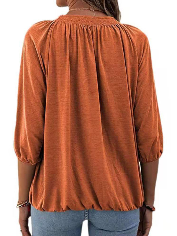 Solid Color Loose Round Neck 3/4 Sleeves Ladies T-Shirt kakaclo