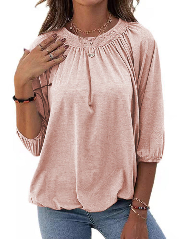 Solid Color Loose Round Neck 3/4 Sleeves Ladies T-Shirt kakaclo
