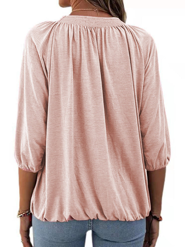 Solid Color Loose Round Neck 3/4 Sleeves Ladies T-Shirt kakaclo