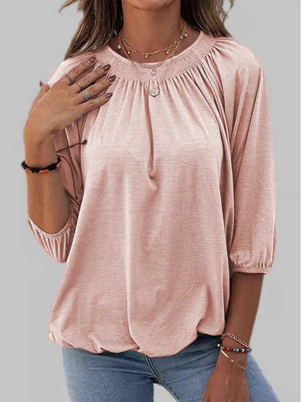 Solid Color Loose Round Neck 3/4 Sleeves Ladies T-Shirt kakaclo