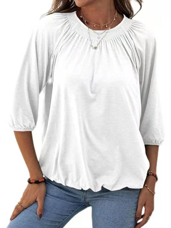 Solid Color Loose Round Neck 3/4 Sleeves Ladies T-Shirt kakaclo