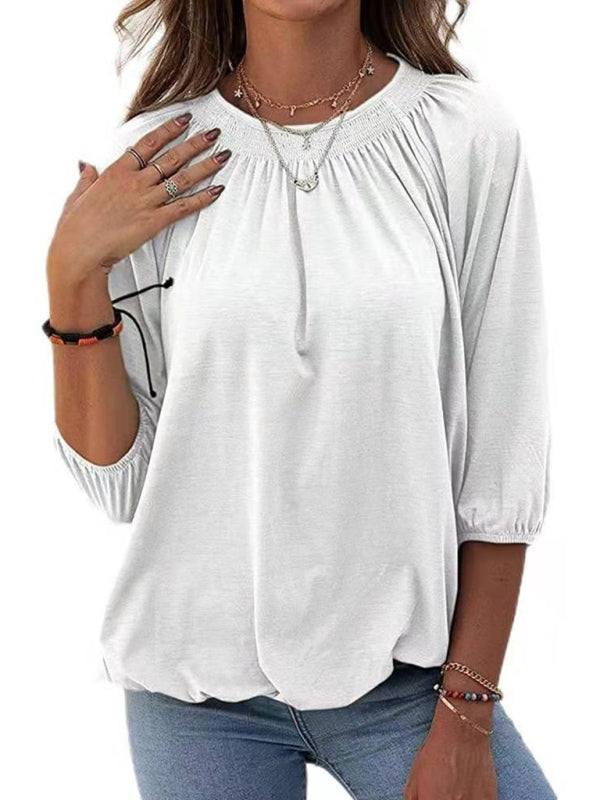 Solid Color Loose Round Neck 3/4 Sleeves Ladies T-Shirt kakaclo