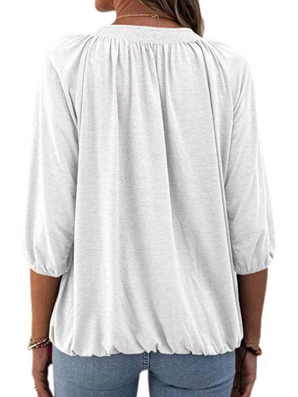Solid Color Loose Round Neck 3/4 Sleeves Ladies T-Shirt kakaclo