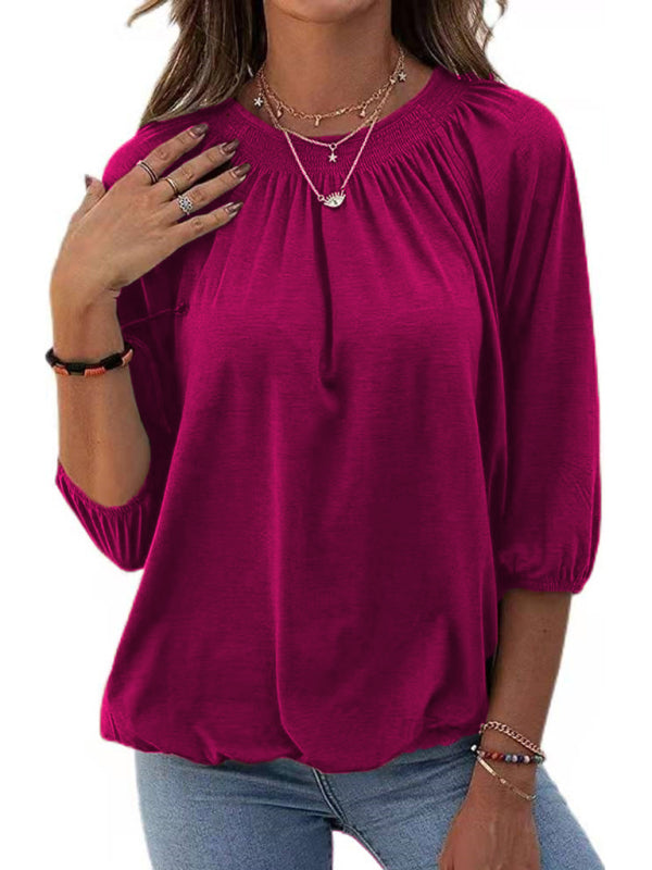 Solid Color Loose Round Neck 3/4 Sleeves Ladies T-Shirt kakaclo