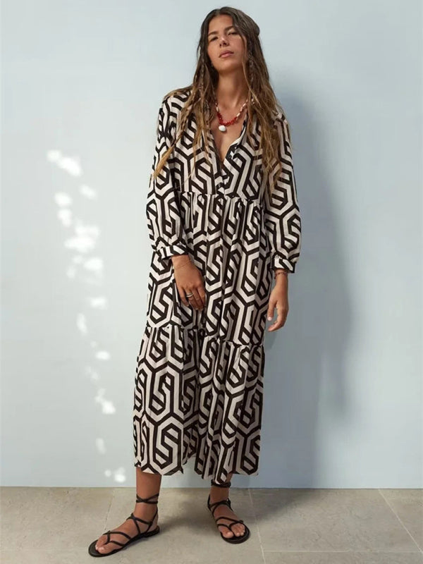 fashion three-dimensional pattern printing mid-waist lapel collar long-sleeved shirt dress kakaclo