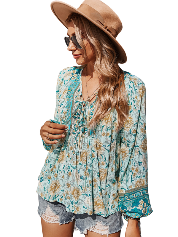 Women's bohemian print resort short sleeve blouse kakaclo