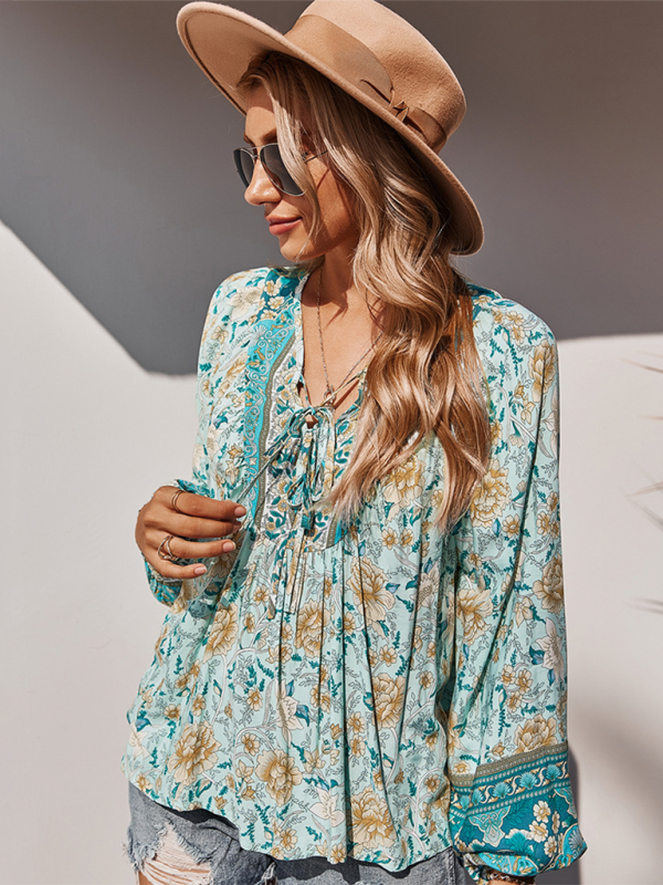 Women's bohemian print resort short sleeve blouse kakaclo