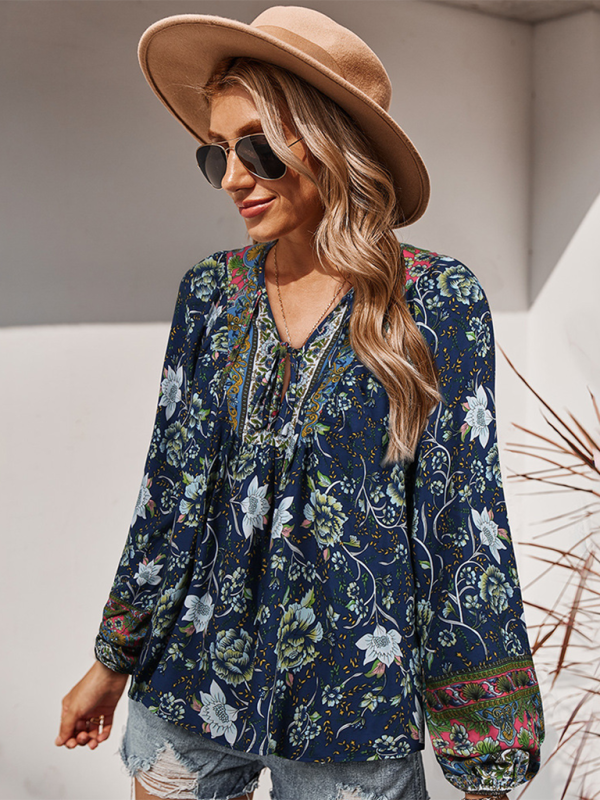 Women's bohemian print resort short sleeve blouse kakaclo