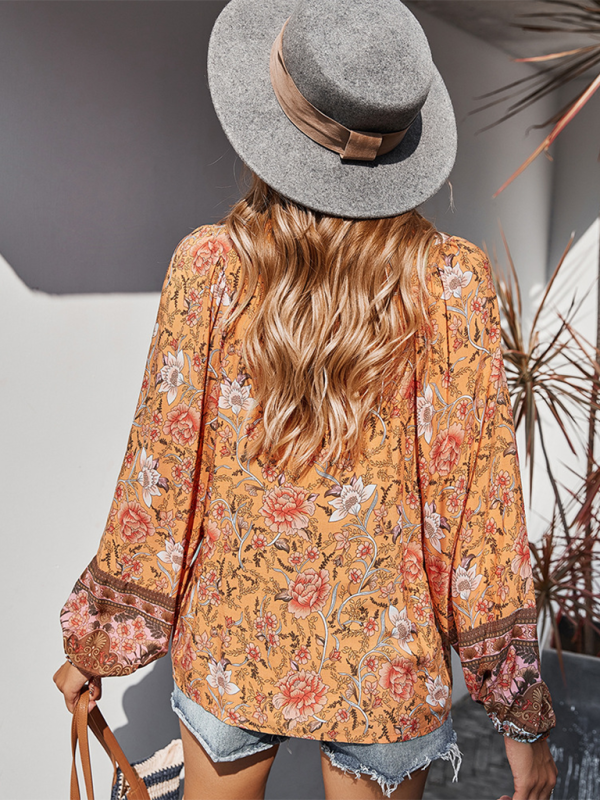 Women's bohemian print resort short sleeve blouse kakaclo