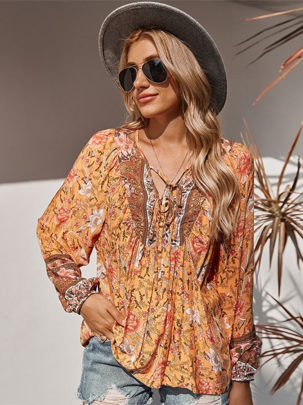 Women's bohemian print resort short sleeve blouse kakaclo