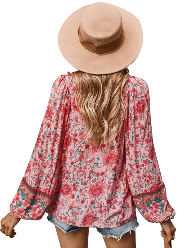 Women's bohemian print resort short sleeve blouse kakaclo