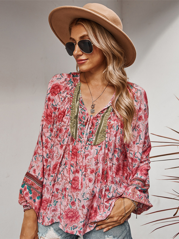 Women's bohemian print resort short sleeve blouse kakaclo