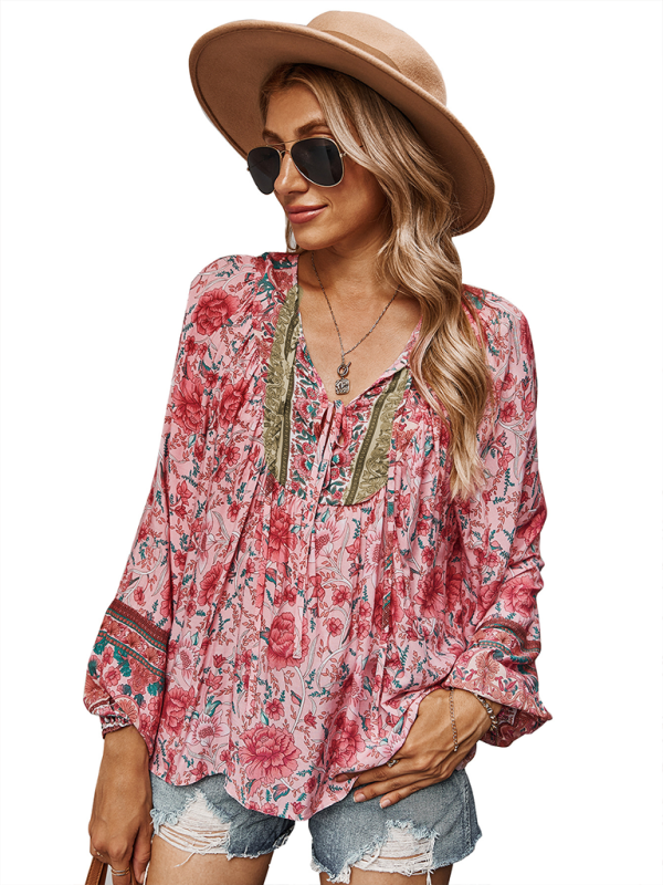 Women's bohemian print resort short sleeve blouse kakaclo