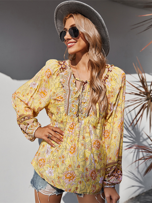 Women's bohemian print resort short sleeve blouse kakaclo