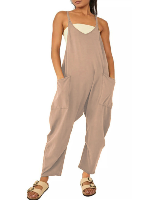 solid color V-neck spaghetti strap pocket jumpsuit kakaclo