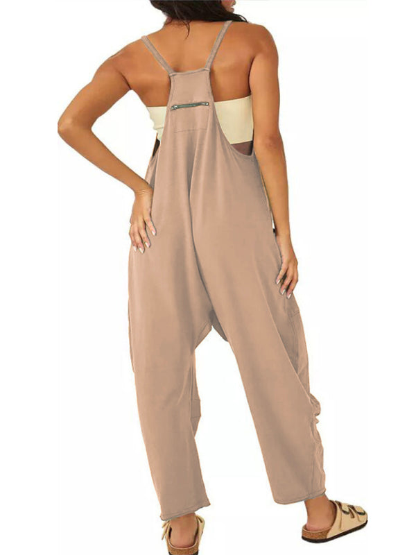 solid color V-neck spaghetti strap pocket jumpsuit kakaclo