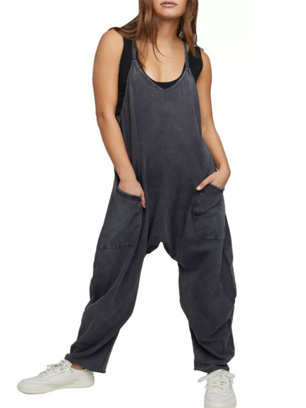 solid color V-neck spaghetti strap pocket jumpsuit kakaclo