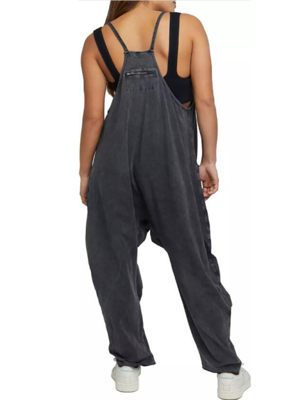 solid color V-neck spaghetti strap pocket jumpsuit kakaclo