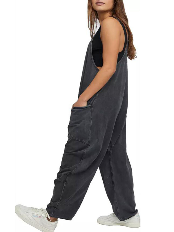 solid color V-neck spaghetti strap pocket jumpsuit kakaclo