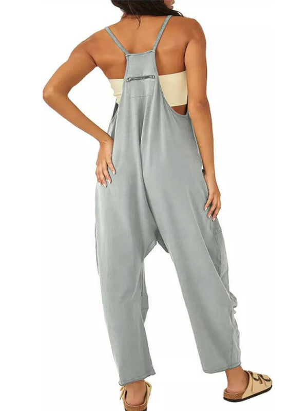 solid color V-neck spaghetti strap pocket jumpsuit kakaclo
