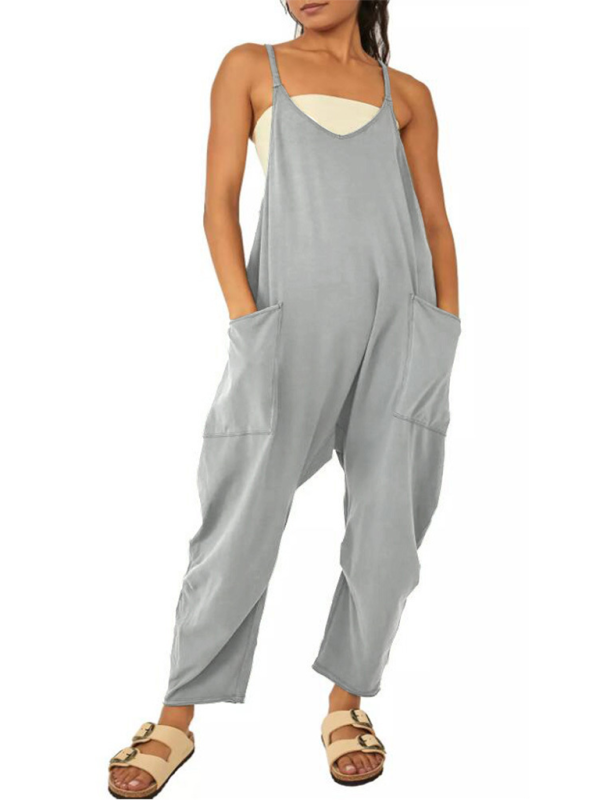 solid color V-neck spaghetti strap pocket jumpsuit kakaclo