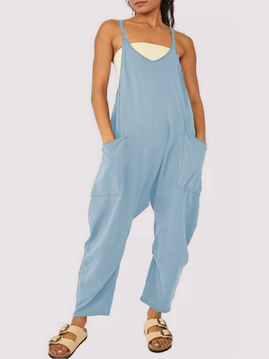 solid color V-neck spaghetti strap pocket jumpsuit kakaclo