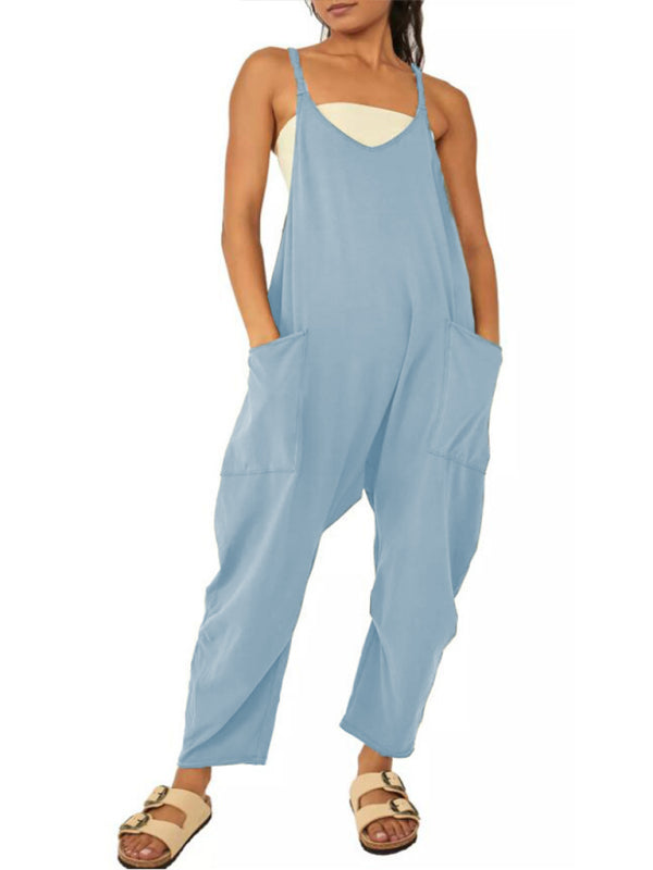 solid color V-neck spaghetti strap pocket jumpsuit kakaclo