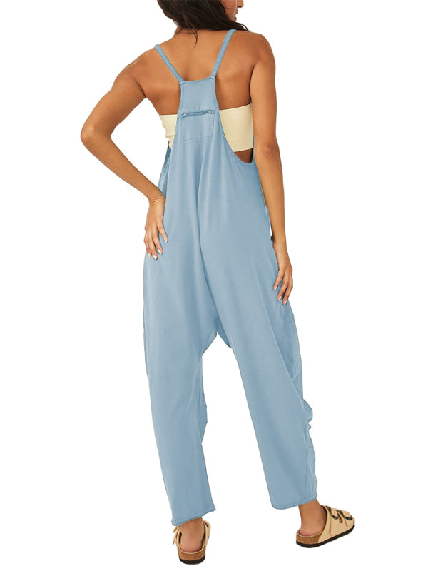 solid color V-neck spaghetti strap pocket jumpsuit kakaclo