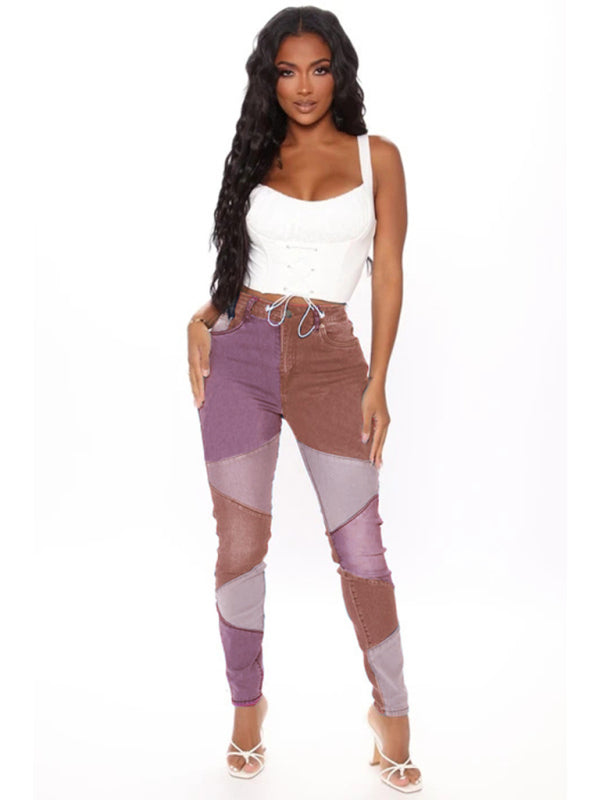 Blue Zone Planet | Two-color Stitching Street Wash High Waist Skinny Jeans BLUE ZONE PLANET