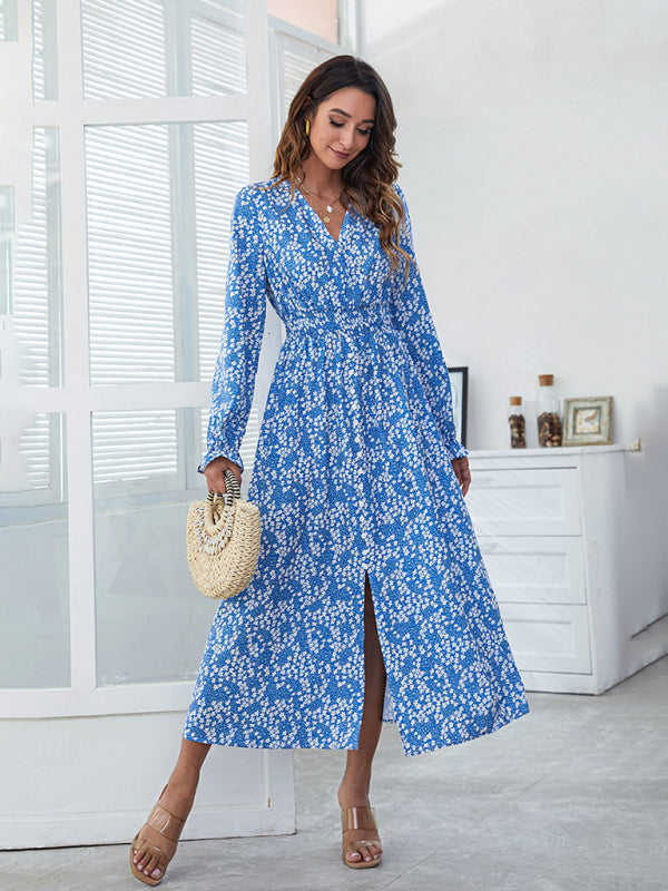 V-neck high-waist printed split European and American dress kakaclo